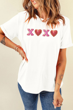 White XOXO Sequin Heart Patched Valentines Day Cuffed T Shirt
