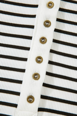 Black Stripe Ribbed Knit Half Button Long Sleeve Slim Top