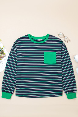 Green Stripe Ribbed Color Block Patchwork Crew Neck Patch Pocket Long Sleeve Top