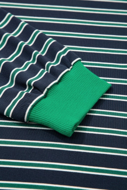Green Stripe Ribbed Color Block Patchwork Crew Neck Patch Pocket Long Sleeve Top