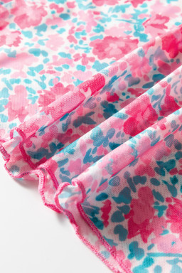 Pink Slim Fit Floral Mesh Long Sleeve Mock Neck Top