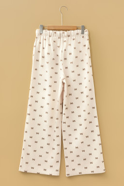 Apricot Bow Print Drawstring Elastic Waist Loose Corduroy Pants