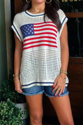 White USA Flag Eyelet Knitted Cap Sleeve Sweater Top