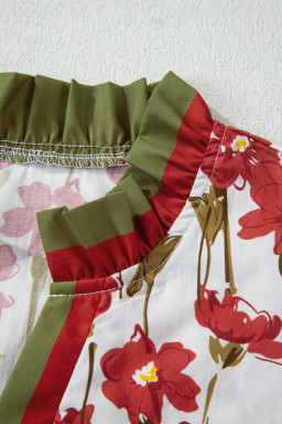Red Floral Print Contrast Trim V Neck Double Ruffled Short Sleeve Blouse