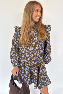 Brown Floral Print Ruffled Detail Shirt Collar Button Down Long Sleeve Dress