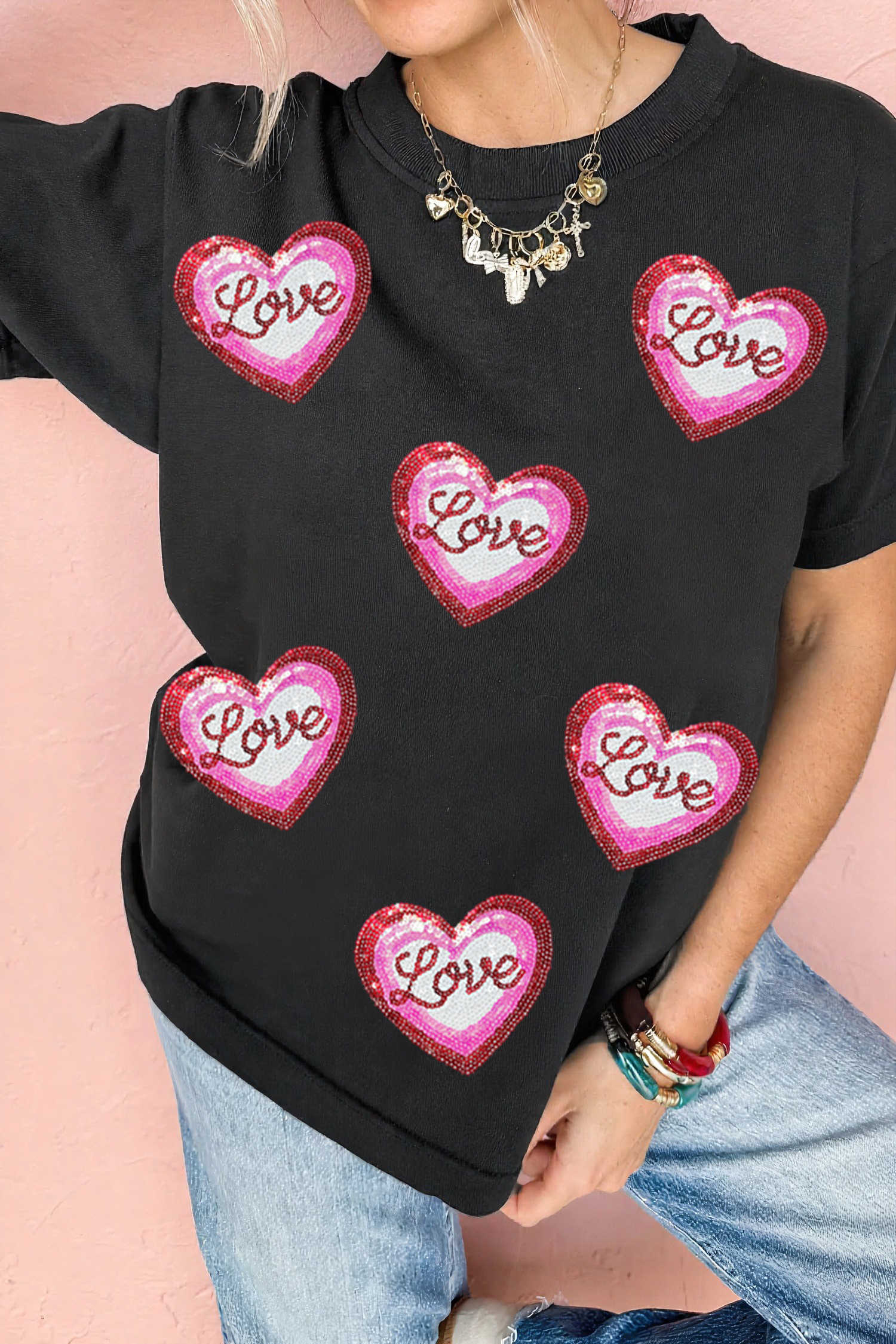 Black Sequin Love Heart Patched Crew Neck Casual Tee