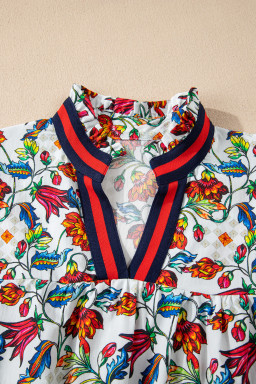 Multicolour Contrasted V Neckline Floral Puff Short Sleeve Blouse