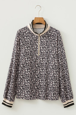 Khaki Leopard Print Half Zip up Blouse