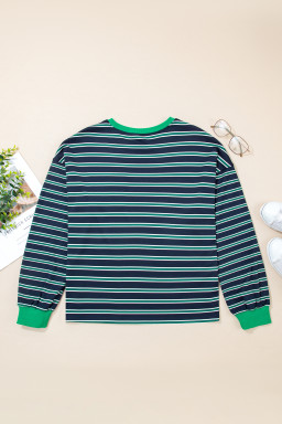 Green Stripe Ribbed Color Block Patchwork Crew Neck Patch Pocket Long Sleeve Top