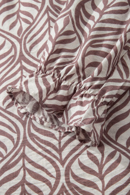 Brown Leaf Print Standing Collar Puff Sleeve Top