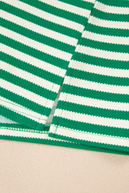 Green Stripe Puff Short Sleeve Patchwork V Neck Blouse