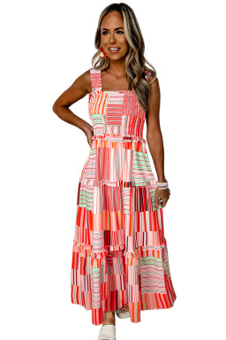 Carrot Mix Striped Wide Straps Smocked Tiered Maxi Dress