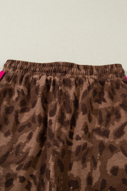 Brown Contrast Striped Accent Leopard Short Set