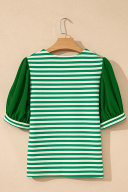 Green Stripe Puff Short Sleeve Patchwork V Neck Blouse
