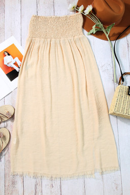 Beige Shirred High Waist Split Long Beach Skirt