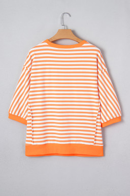 Orange Stripe 3/4 Sleeve Exposed Seam Patchwork Pullover Top