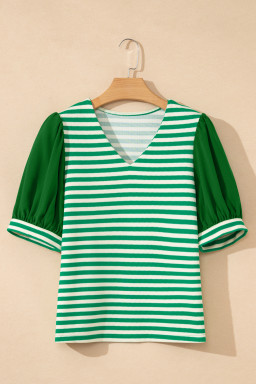Green Stripe Puff Short Sleeve Patchwork V Neck Blouse