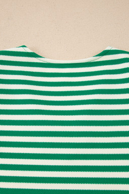 Green Stripe Puff Short Sleeve Patchwork V Neck Blouse