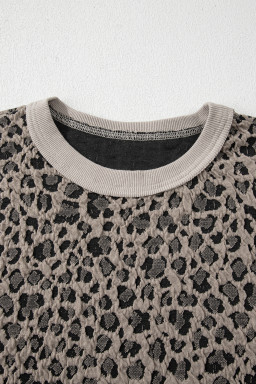 Khaki Jacquard Leopard Half Sleeve Jumper Wide Leg Pant Set