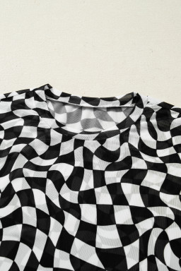 Black Checkered Print Crew Neck Mesh T Shirt