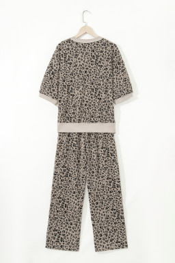 Khaki Jacquard Leopard Half Sleeve Jumper Wide Leg Pant Set