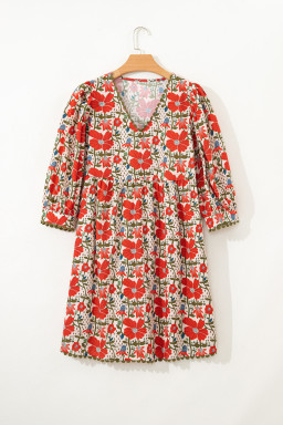 Red Floral Print Ricrac Trim V Neck 3/4 Sleeve Loose Mini Dress