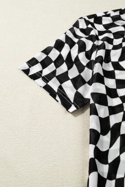 Black Checkered Print Crew Neck Mesh T Shirt