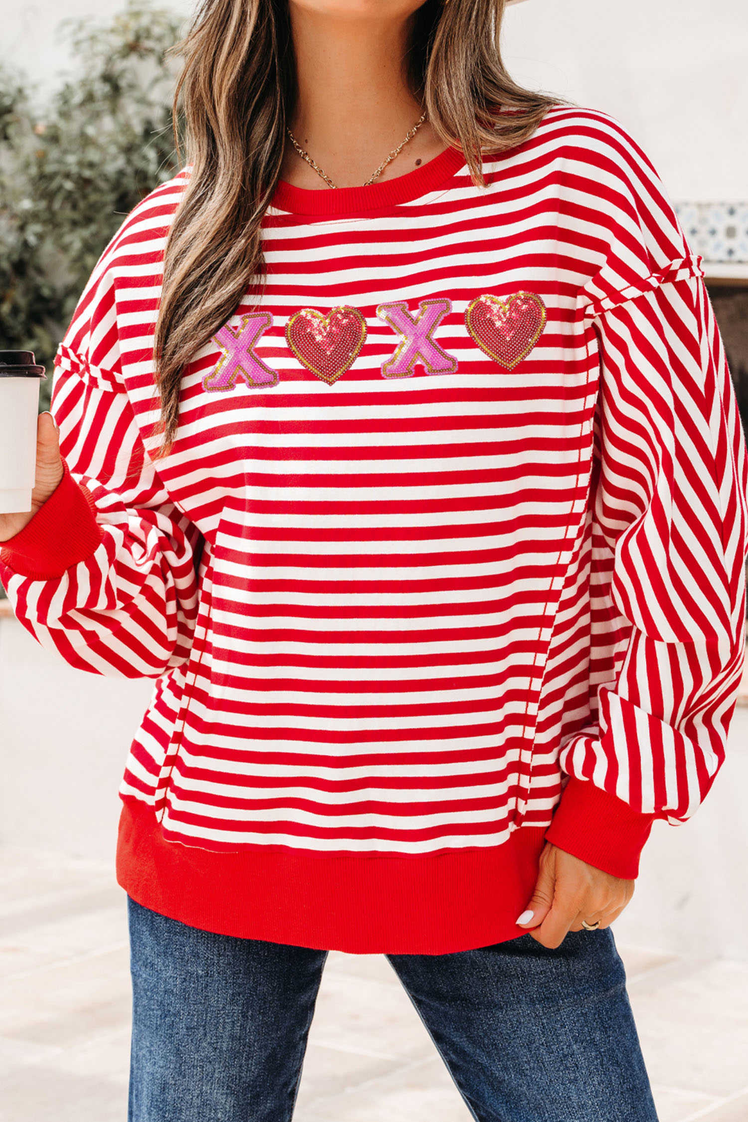 Red Stripe XOXO Sequin Heart Patched Valentines Day Long Sleeve Top