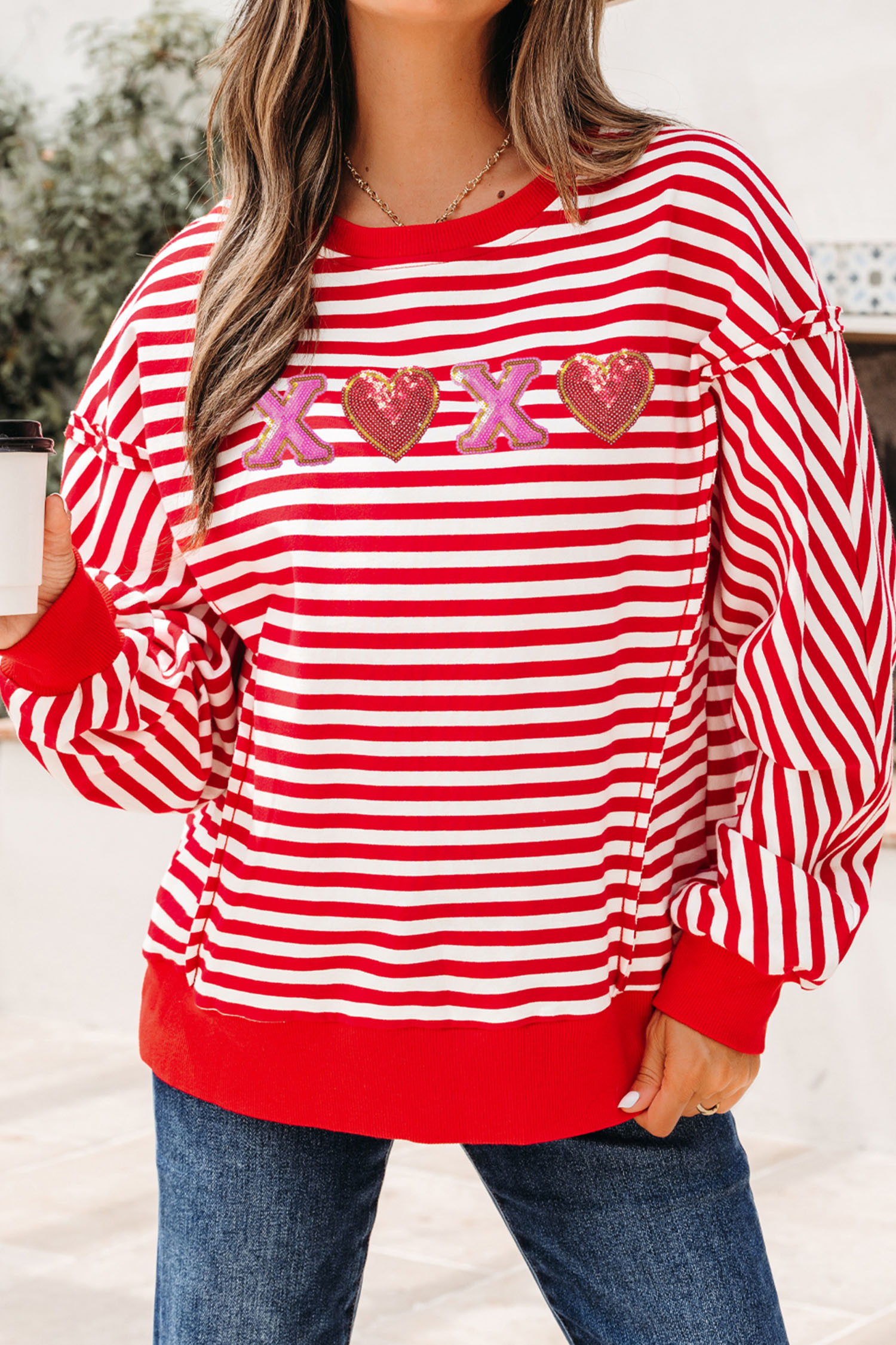 Red Stripe XOXO Sequin Heart Patched Valentines Day Long Sleeve Top