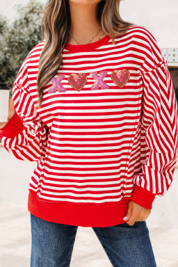 Red Stripe XOXO Sequin Heart Patched Valentines Day Long Sleeve Top