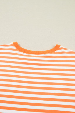 Orange Stripe 3/4 Sleeve Exposed Seam Patchwork Pullover Top