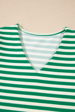 Green Stripe Puff Short Sleeve Patchwork V Neck Blouse