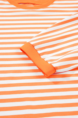 Orange Stripe 3/4 Sleeve Exposed Seam Patchwork Pullover Top