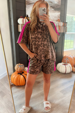 Brown Contrast Striped Accent Leopard Short Set