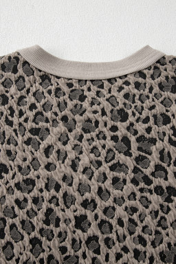 Khaki Jacquard Leopard Half Sleeve Jumper Wide Leg Pant Set