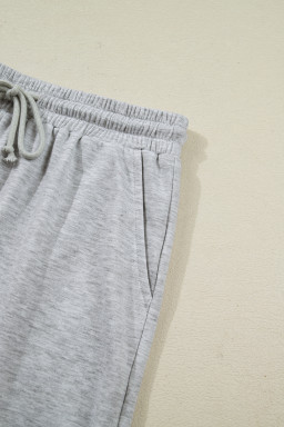 Light Grey Collared V Neck Tee Drawstring Elastic Waist Shorts 2pcs Outfit