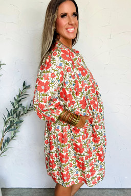 Red Floral Print Ricrac Trim V Neck 3/4 Sleeve Loose Mini Dress