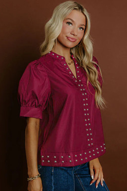 Burgundy Rivet Embellished V Neck Short Puff Sleeve Blouse