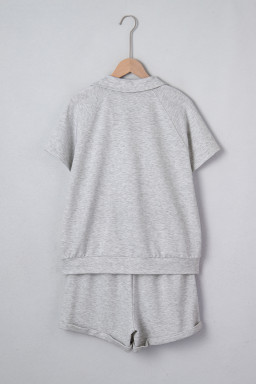 Light Grey Collared V Neck Tee Drawstring Elastic Waist Shorts 2pcs Outfit