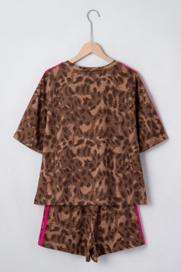 Brown Contrast Striped Accent Leopard Short Set