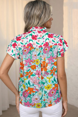 Sky Blue Floral Print Split Neck Button Front Flutter Sleeve Blouse