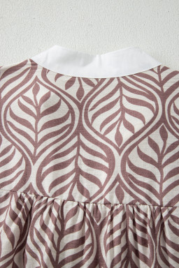 Brown Leaf Print Standing Collar Puff Sleeve Top