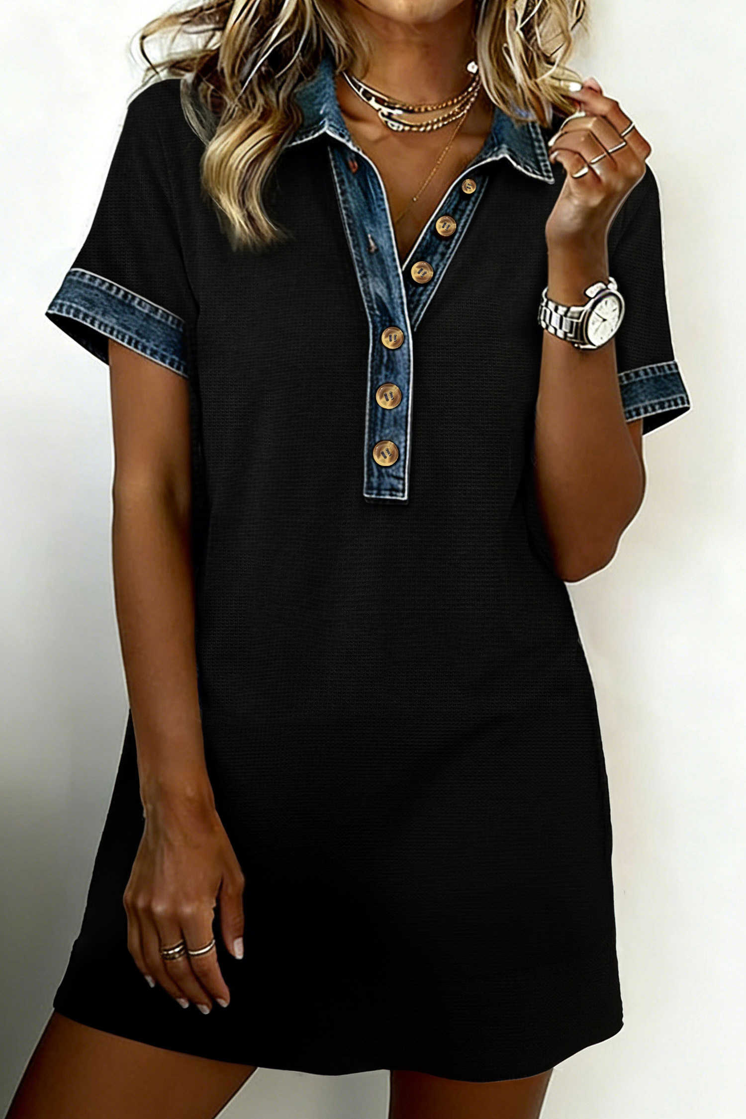 Black Waffle Knit Denim Contrast Trim Patchwork Button Polo Tee Dress