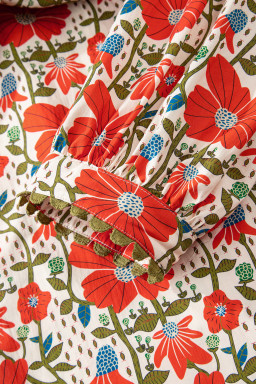 Red Floral Print Ricrac Trim V Neck 3/4 Sleeve Loose Mini Dress