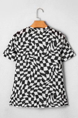 Black Checkered Print Crew Neck Mesh T Shirt