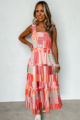 Carrot Mix Striped Wide Straps Smocked Tiered Maxi Dress