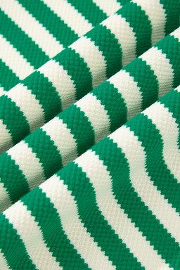 Green Stripe Puff Short Sleeve Patchwork V Neck Blouse