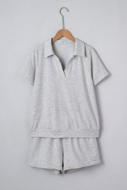 Light Grey Collared V Neck Tee Drawstring Elastic Waist Shorts 2pcs Outfit