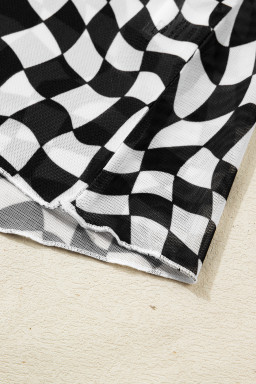Black Checkered Print Crew Neck Mesh T Shirt
