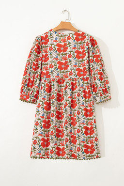 Red Floral Print Ricrac Trim V Neck 3/4 Sleeve Loose Mini Dress